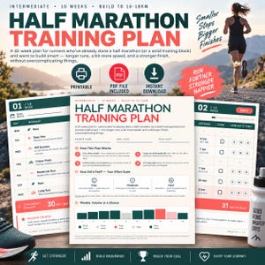 Pode incluir: Um plano de treino de meia maratona de 10 semanas com cronograma semanal, escala de esforço e gráfico de volume. O texto inclui 'HALF MARATHON TRAINING PLAN', 'Smaller Steps Bigger Finishes' e 'RUN FURTHER STRONGER HAPPIER' em vermelho e verde escuro.