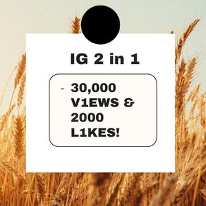 May include: A white square sign with a black circle at the top centre, featuring the black text IG 2 in 1 followed by a box containing the text - 30,000 V1EWS & 2000 L1KES! The sign is positioned against a background of golden wheat stalks.