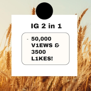 Pode incluir: Gráfico com o texto "IG 2 in 1" e um círculo preto no topo. O texto dentro de um retângulo branco diz "- 50.000 VISUALIZAÇÕES & 3500 GOSTOS!". O fundo apresenta espigas de trigo douradas.