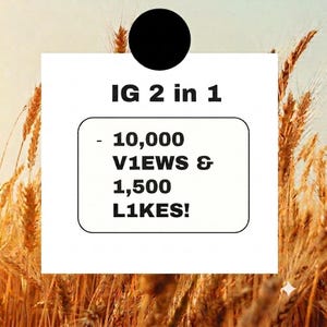Pode incluir: Uma placa quadrada branca com cantos arredondados apresentando o texto preto IG 2 in 1, seguido por um item de lista indicando 10,000 V1EWS & 1,500 L1KES!. A placa está posicionada contra um fundo de talos de trigo dourados sob um céu brilhante.