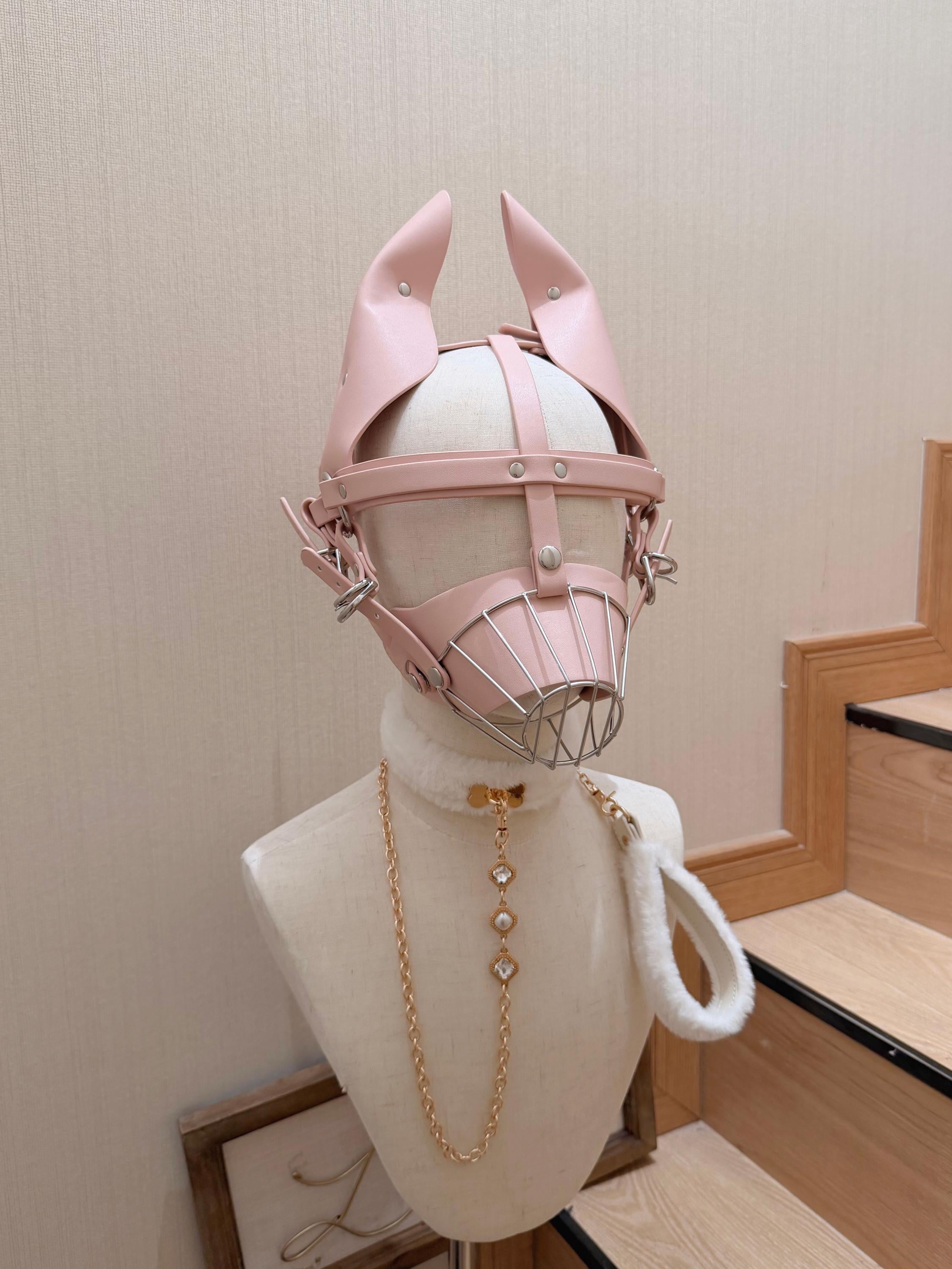 Leather Pet Mask with Ears & Cage Muzzle | Puppy Play Hood | Adjustable Fit Leather Dog Mask