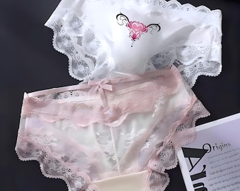 2 Pack Lace Briefs – Succubus Heart, Ice Silk Cooling, Seamless Pouch, Skin Tone & White