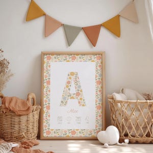 Puede incluir: Una lámina rectangular enmarcada que presenta una letra A grande rellena con un patrón floral, el nombre Alice en letra cursiva y cuatro iconos que representan fecha, hora, peso y signo del zodiaco. El borde tiene un motivo floral colorido.