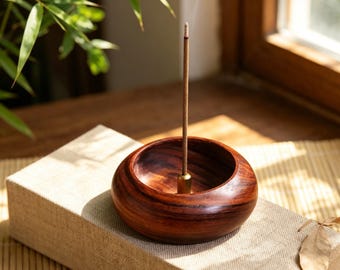 Mini Natural Wood Pocket-Sized Multi-Hole Incense Holder with Ash Catcher for Meditation