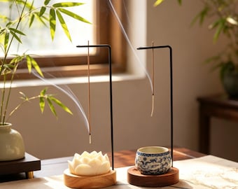 Wierookhouder walnoothout, messing pin, asvanger, minimalistisch decor