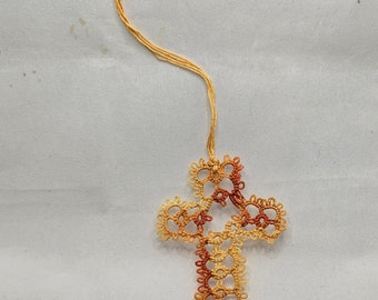 Handmade Tatted Lace Cross Bookmark - Shades of Orange
