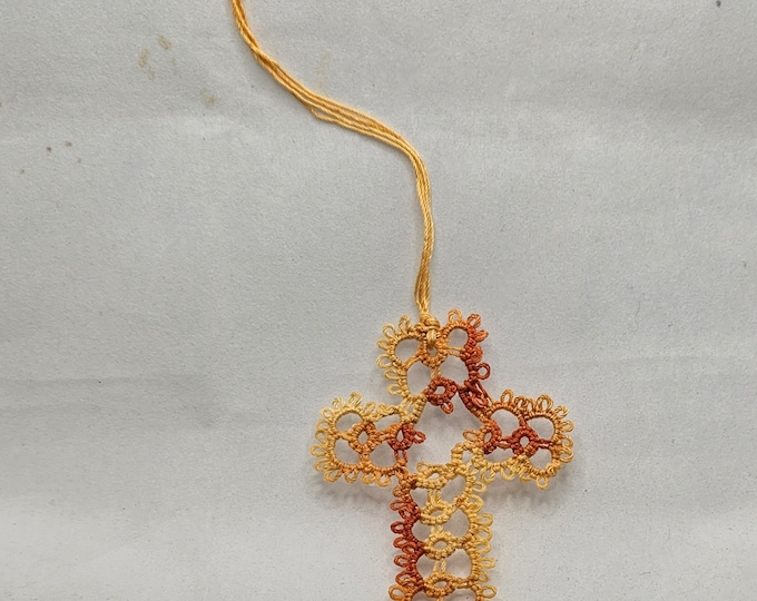 Handmade Tatted Lace Cross Bookmark - Shades of Orange