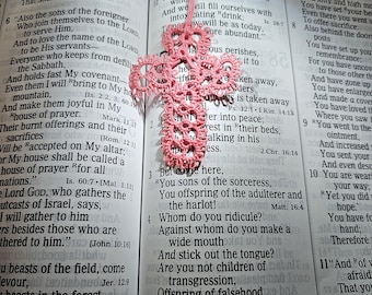 Tatted Lace Cross Bookmark | Coral, Handmade Heirloom Keepsake