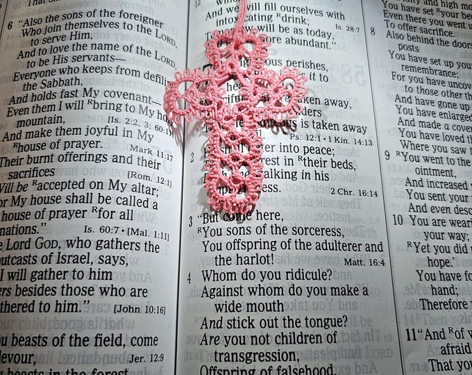 Tatted Lace Cross Bookmark | Coral, Handmade Heirloom Keepsake