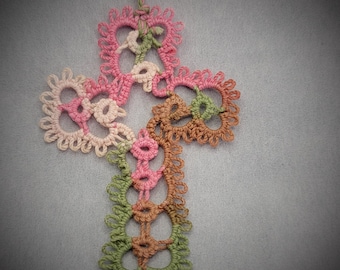 Handmade Tatted Lace Cross Bookmark - Pink Camo