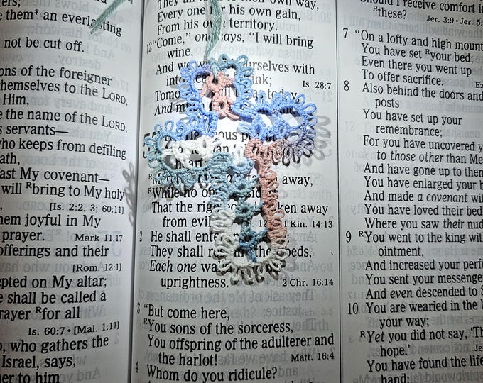 Tatted Lace Cross Bookmark | Pastel Garland Colors, Bible Study Keepsake