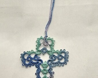 Handmade Tatted Lace Cross Bookmark - Ocean