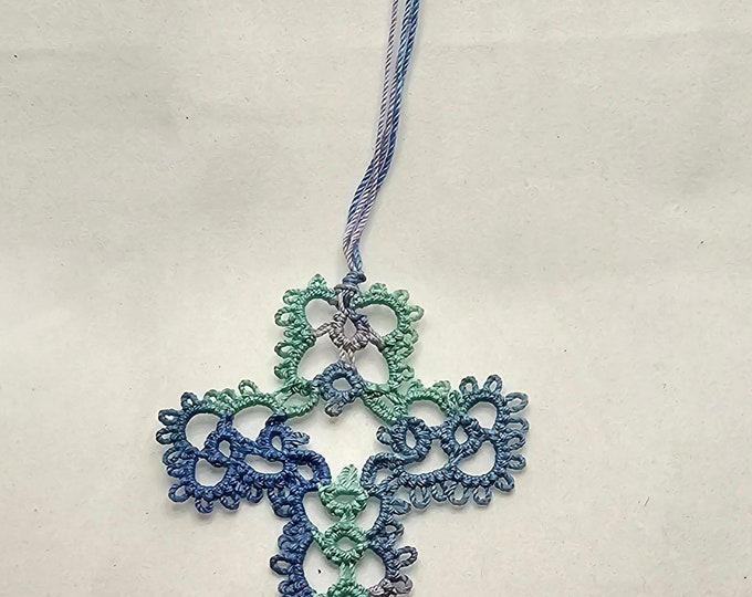 Handmade Tatted Lace Cross Bookmark - Ocean