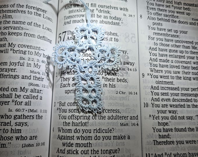 Tatted Lace Cross Bookmark | Light Blue Handmade Heirloom Keepsake