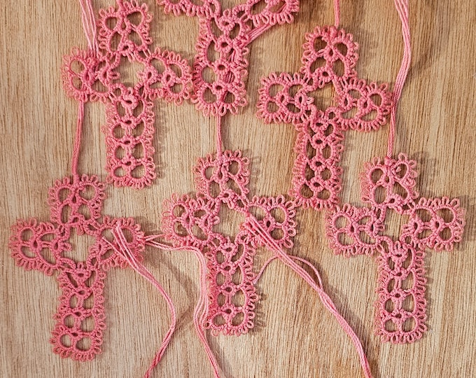 Handmade Tatted Lace Cross Bookmark - Salmon