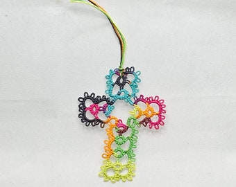 Handmade Tatted Lace Cross Bookmark - Blacklight