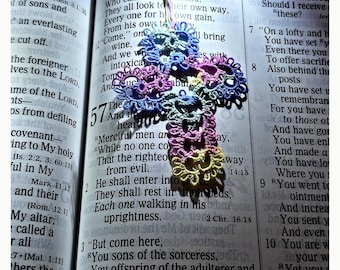 Tatted Lace Cross Bookmark | Pastel Floral Tatting, Bible Study Keepsake