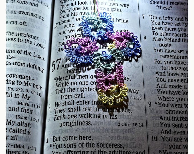 Tatted Lace Cross Bookmark | Pastel Floral Tatting, Bible Study Keepsake