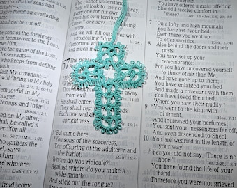 Tatted Lace Cross Bookmark | Jade Colorway, Handmade Heirloom Keepsake