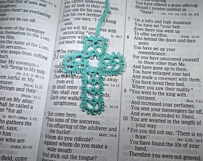 Tatted Lace Cross Bookmark | Jade Colorway, Handmade Heirloom Keepsake