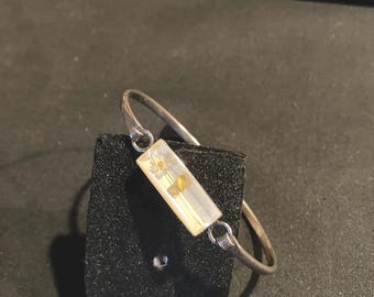 Sterling Silver 925 Pressed Flower Bangle Bracelet – Minimalist Floral Inlay – Nature Inspired Jewelry