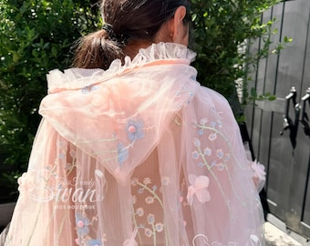 Embroidered Floral Light Pink 3D Floral Hooded Cape Fairy Princess Birthday Girl