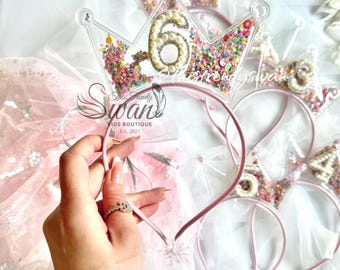Pink Princess Crown Headband, Birthday Girl Tiara, Sparkly Toddler Hair Accessory, Kids Party Wear