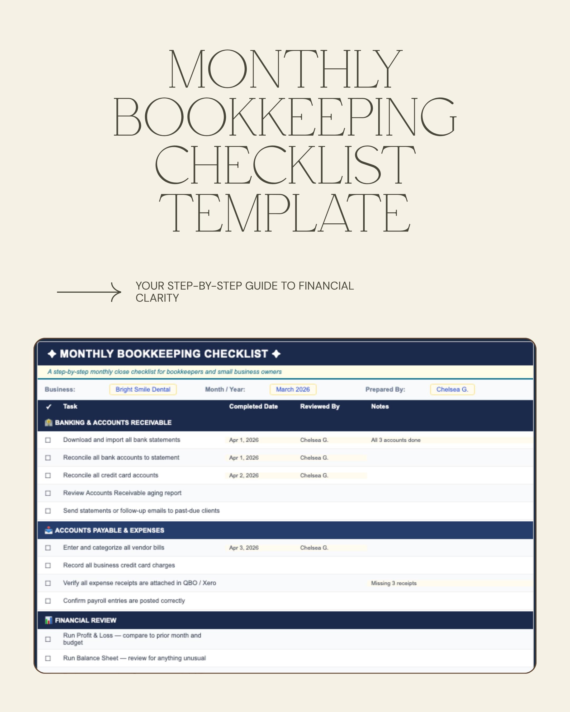 Monthly Bookkeeping Checklist for Small Businesses | Excel Download ...