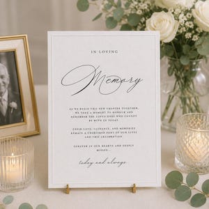 May include: A white rectangular memorial sign with black text that reads: IN LOVING Memory, AS WE BEGIN THIS NEW CHAPTER TOGETHER, WE TAKE A MOMENT TO HONOUR AND REMEMBER THE LOVED ONES WHO CANNOT BE WITH US TODAY. FOREVER IN OUR HEARTS AND DEEPLY MISSED... today and always...