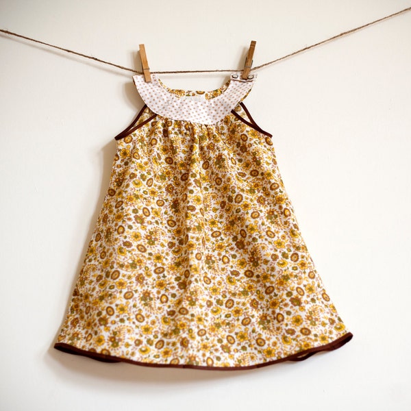 Mod Dress / Vintage Fabric / Gold and Brown Floral /  'Esthel' newborn - 6 months or  6-12 months