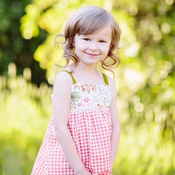 Girls Sun Dress / 'Fields of Gingham' / Spring Floral with Peach Gingham Bodice / 2T to 8 years