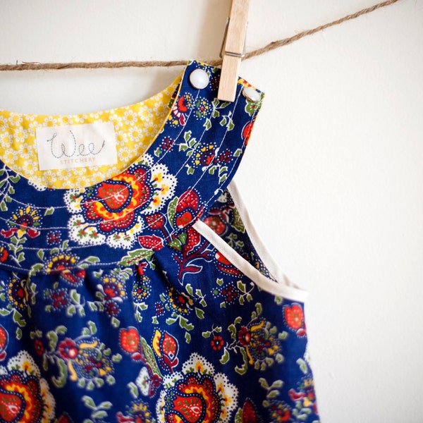 Mod Dress / Vintage Fabric / Blue and Red Floral /  'Lena' 0-6, 6-12 months, or 18-24 months