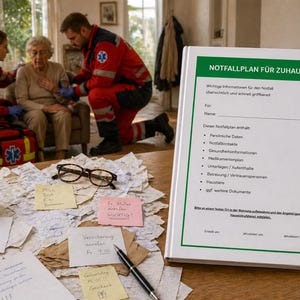 Peut inclure: Une équipe médicale d'urgence s'occupe d'une personne âgée à domicile. Un classeur blanc avec le texte vert "NOTFALLPLAN FÜR ZUHAUSE" est sur une table avec des notes, une tasse de café et des lunettes. L'équipe porte des uniformes rouges et bleus.