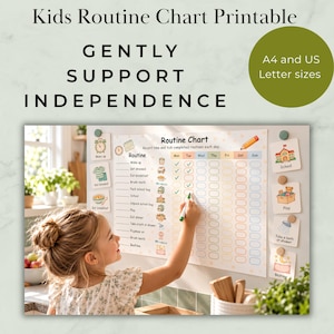 May include: A kids routine chart printable featuring a weekly grid with tasks like wake up, get dressed, and eat breakfast. The chart includes columns for Monday through Sunday, with checkmark boxes for tracking daily habits and activities.