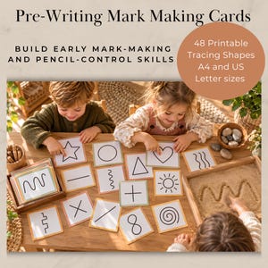 May include: Pre-Writing Mark Making Cards set featuring 48 printable tracing shapes in A4 and US Letter sizes. The cards display black line drawings of stars, circles, hearts, and various patterns on white backgrounds with colored borders.