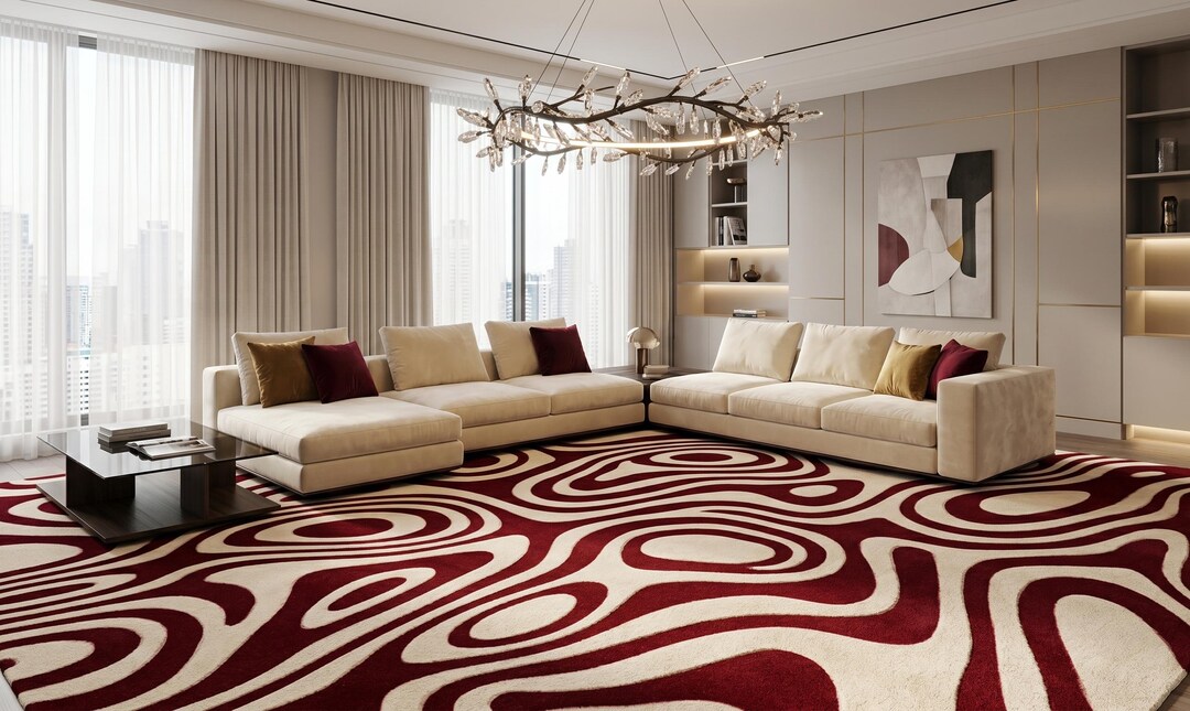 Red Cream Abstract Hand Tufted Rug, Modern Wavy Scandinavian Carpet - Etsy