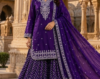 Designer paars Pakistaans sharara-kostuum voor vrouwen, etnische slijtage kurta met dupatta, trouwkleding sharara, kant-en-klare partykleding outfit 3 st