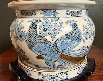 Vintage gouden Imari pauwenplantenbakset – handbeschilderde Japanse porseleinen Chinoiserie bloempot
