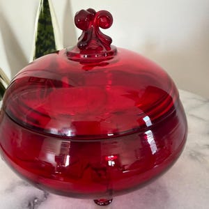 Viking Glass Epic Ruby Red Three Foils Candy Dish, MCM 3-Legged Lidded Jar