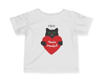 Camiseta infantil con diseño de gato negro sosteniendo un corazón / Camiseta de San Valentín para bebé con la frase "Eres perfecto/a"