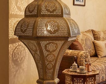 Lámpara de pie de latón artesanal de gran tamaño - Lámpara de pie tradicional oriental con filigrana - Farol alto artesanal de lujo
