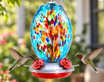 Glass Hummingbird Feeder for Outdoors | Hand Blown Bird Feeder with 27oz Capacity, Elegant Garden Decor Gift for Hummingbird Lovers