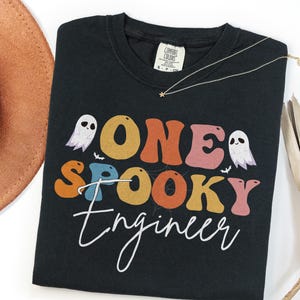 Spooky Engineer Halloween T-Shirt, Retro Ghost Bat Spiderweb Tee