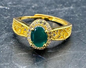 Green and gold adjustable ring with malachite and cubic zirconia
