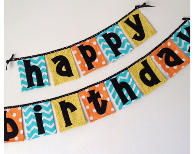 Fabric Happy Birthday Banner Teal Chevron Yellow and Orange Etsy