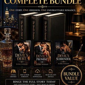 May include: Complete bundle of "The Ashford Rivals Trilogy" books. The image shows three hardcover books and three e-readers displaying the book covers. The covers feature a couple in a romantic embrace. The text reads "The Devil's Debt", "The Devil's Promise", and "The Devil's Surrender".
