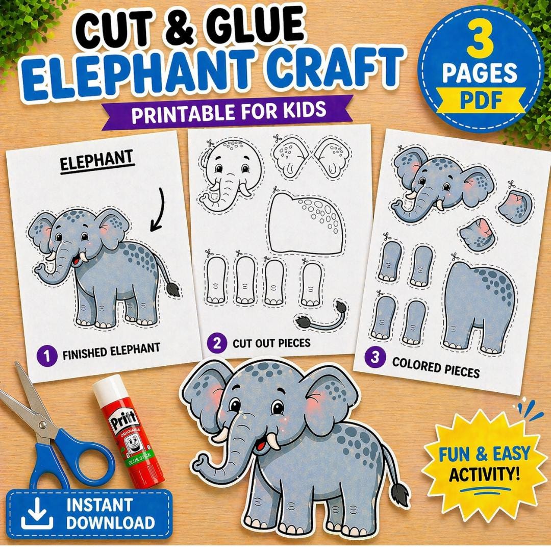 Elephant Craft Printable for Kids | Cut and Glue Activity | Colouring ...