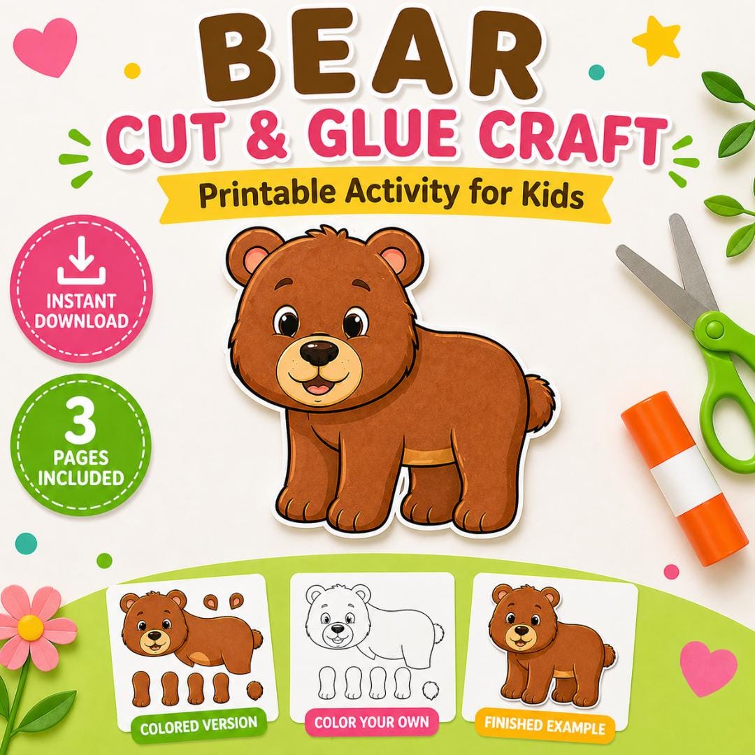 Bear Craft Printable for Kids, Cut and Glue Activity, Animal PDF - Etsy