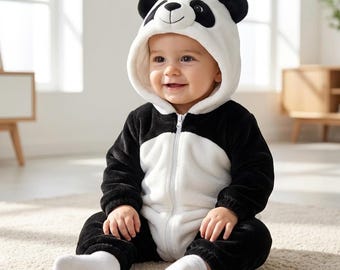 Baby Panda Kostüm Strampler, Panda Kigurumi Babystrampler, Mit Kapuze Baby Overall Plüschtier Pyjamas für Jungen und Mädchen