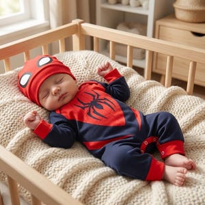 Op de afbeelding: Een slapende baby in een Spider-Man-outfit. De outfit is marineblauw en rood, met een spinnenembleem op de borst. De baby draagt ook een bijpassende rode muts met witte oogdetails. De baby ligt in een houten wieg op een cr&egrave;mekleurige deken.